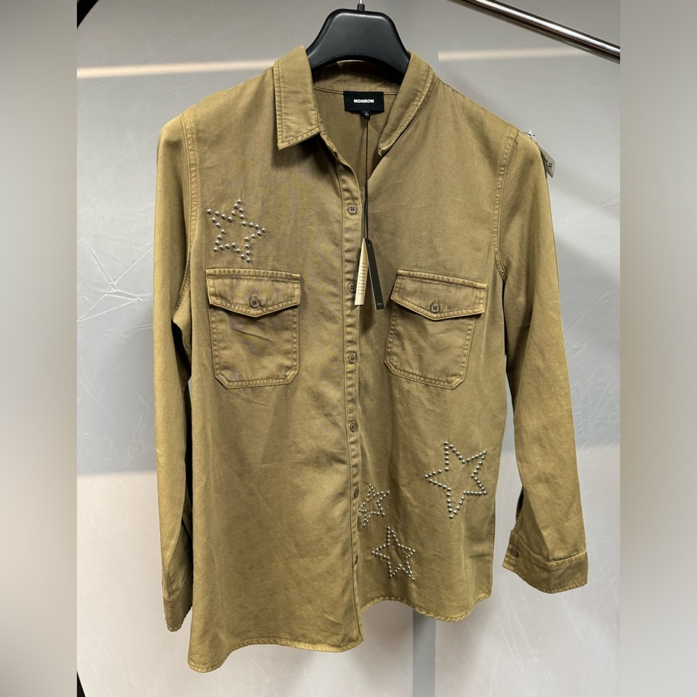 NWT Monrow Women's Pocket Shirt W/Star Dust Studs Size L
